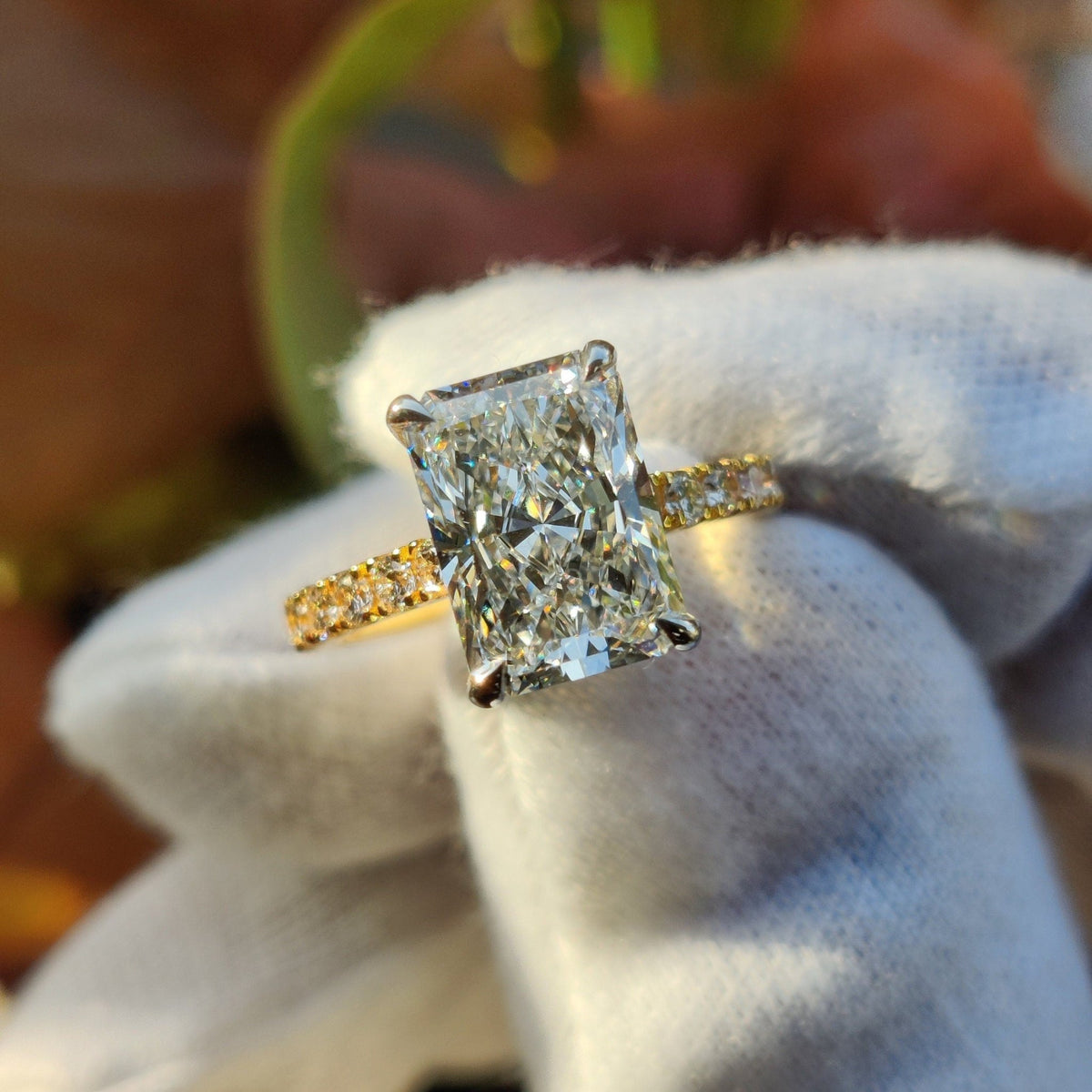 Two Tone Radiant Hidden Halo Engagement Lab Grown Diamond Ring in 14K - Side View