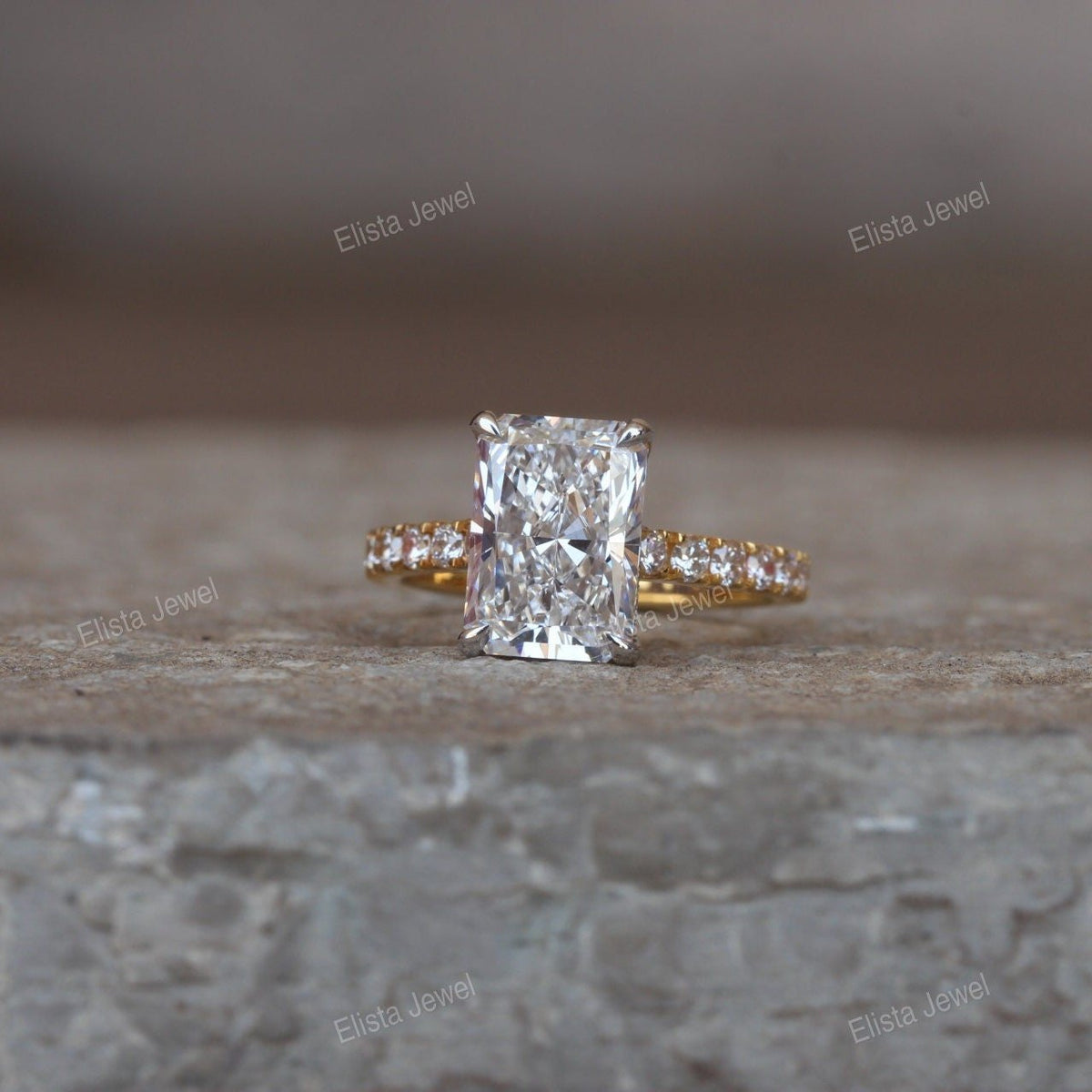 Two Tone Radiant Hidden Halo Engagement Lab Grown Diamond Ring in 18K - Angled View
