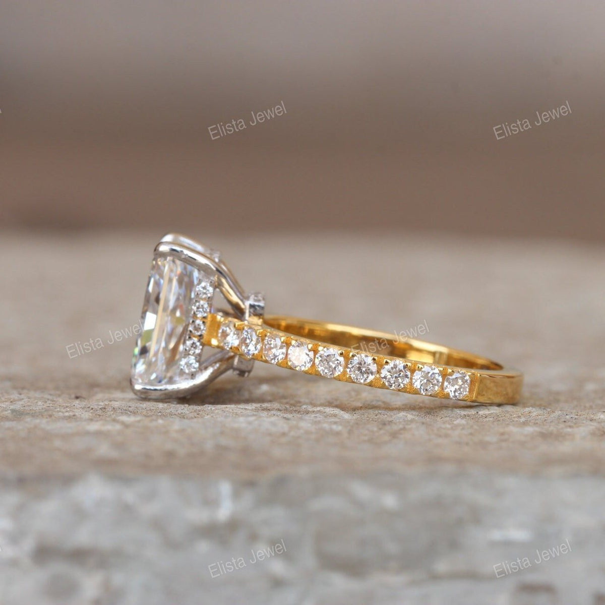 Two Tone Radiant Hidden Halo Engagement Lab Grown Diamond Ring - Profile View