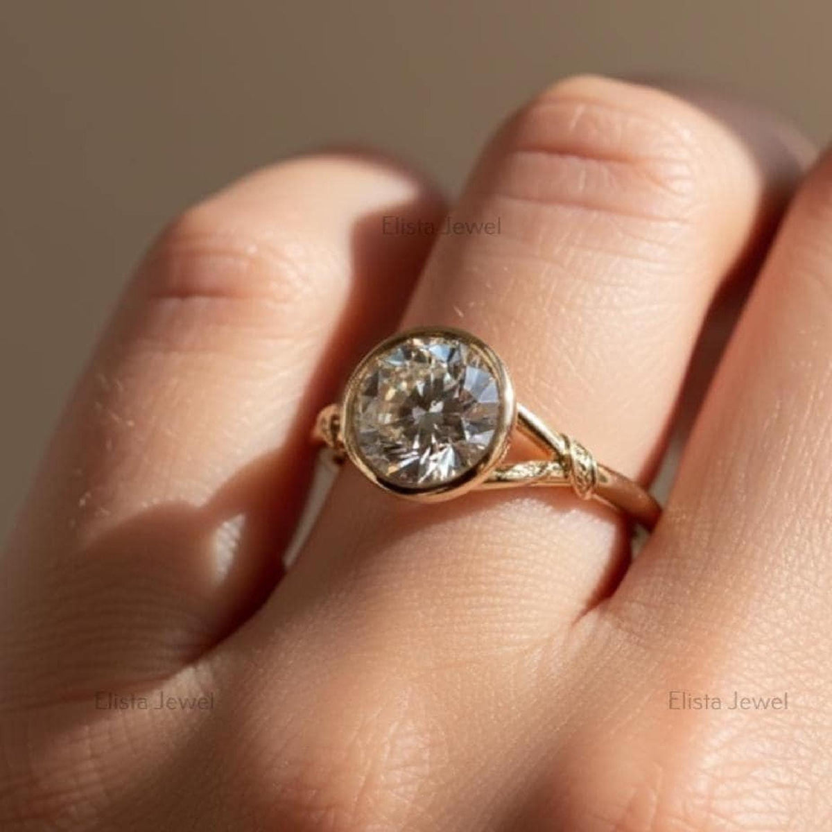 2Ct Lab-Grown Diamond Bezel Engagement Ring, 14K Gold Botanical Solitaire