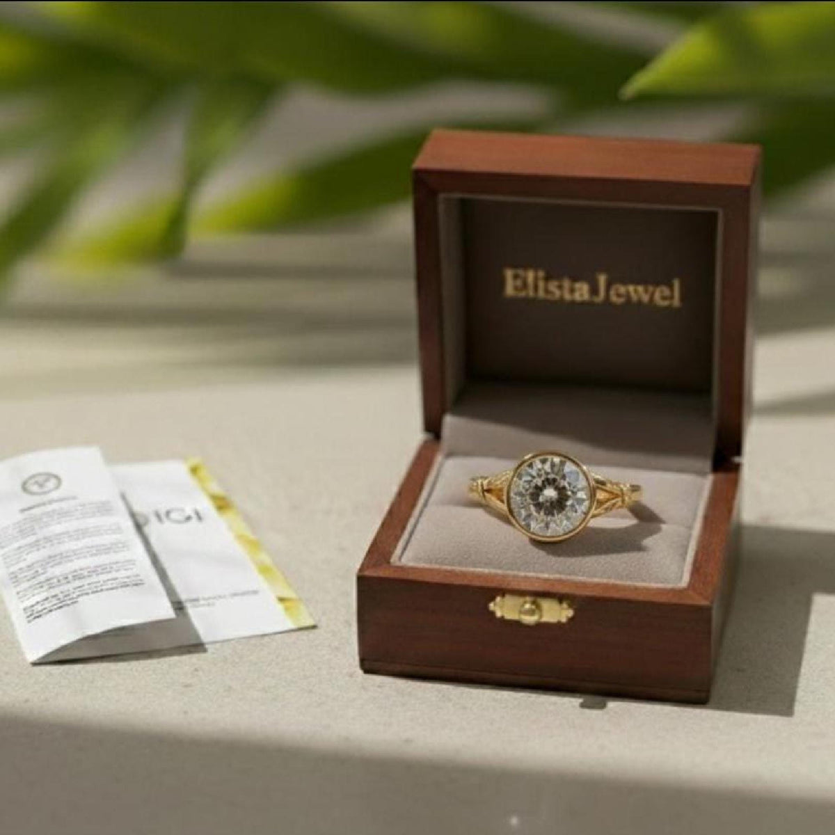 2Ct Lab-Grown Diamond Bezel Engagement Ring, 14K Gold Botanical Solitaire