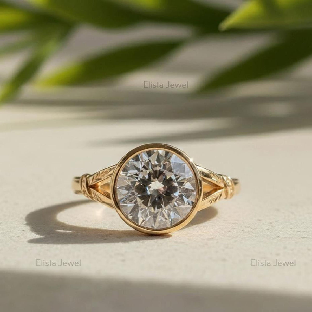 2Ct Lab-Grown Diamond Bezel Engagement Ring, 14K Gold Botanical Solitaire
