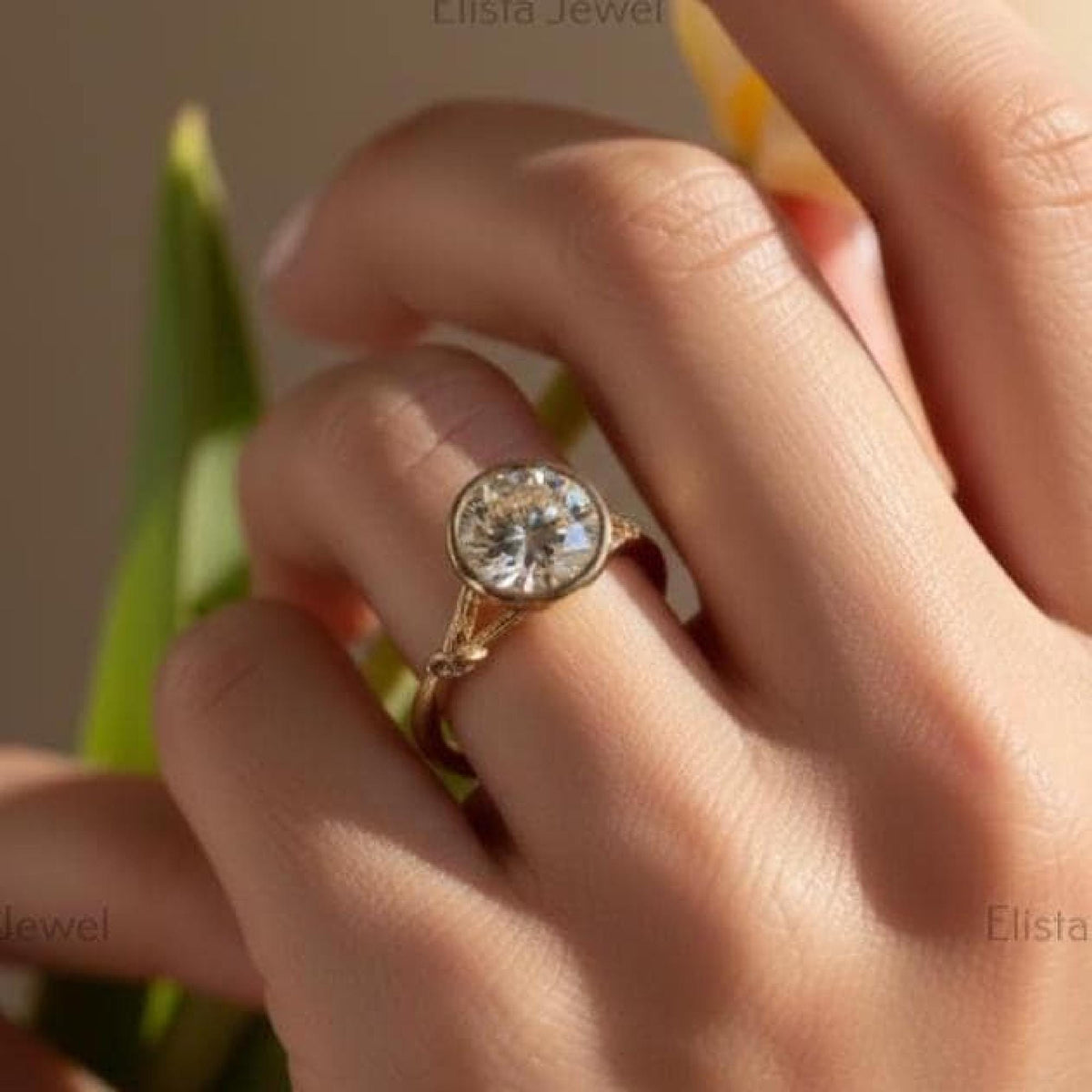 2Ct Lab-Grown Diamond Bezel Engagement Ring, 14K Gold Botanical Solitaire