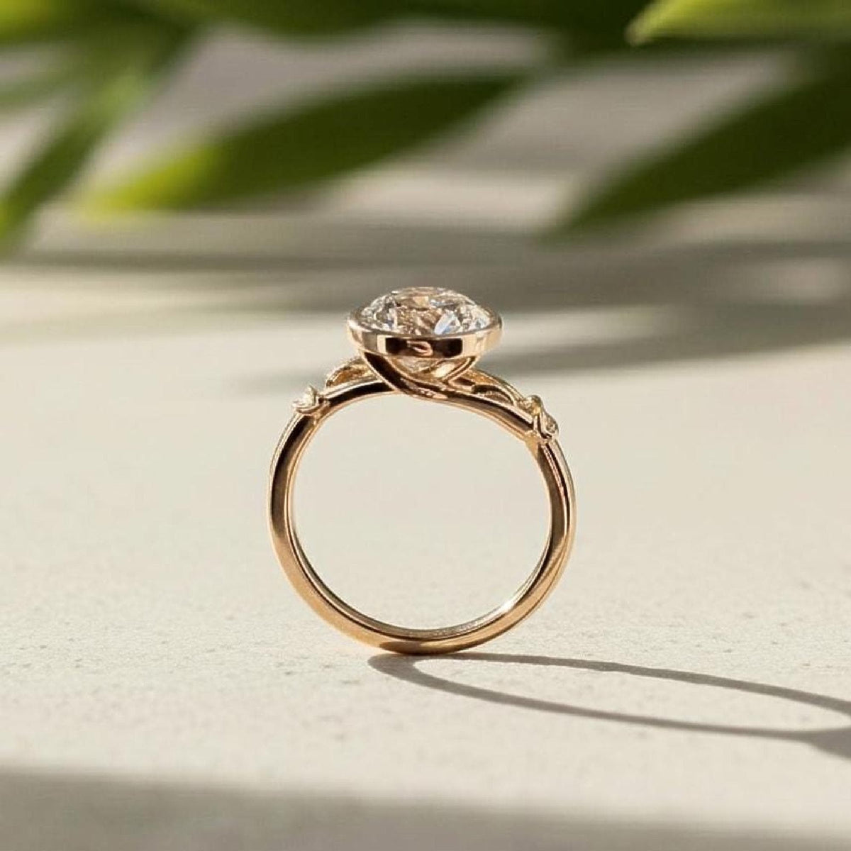 2Ct Lab-Grown Diamond Bezel Engagement Ring, 14K Gold Botanical Solitaire