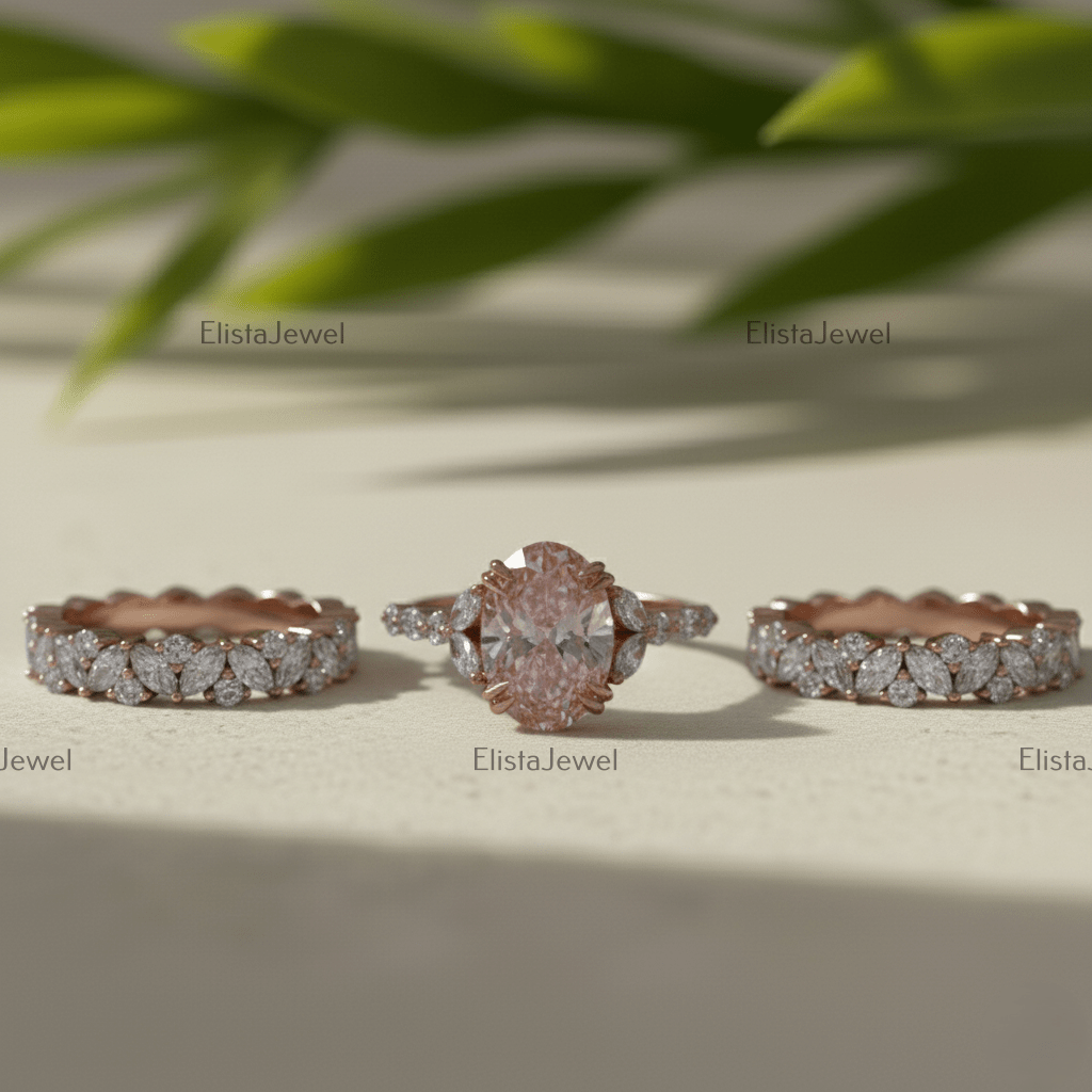 3CT Oval Lab Grown Pink Diamond Engagement Ring With 14K Rose Gold Matching Band - Angled View