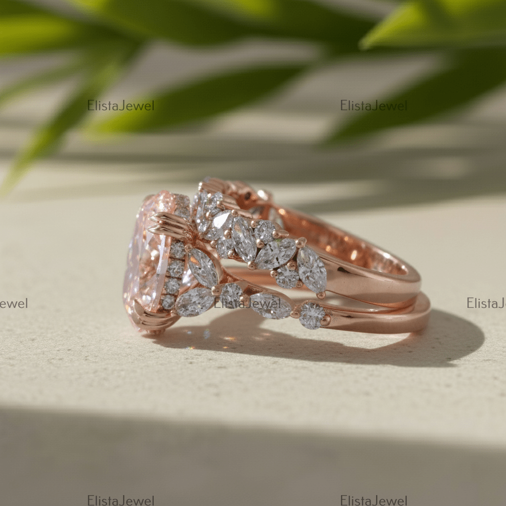 3CT Oval Lab Grown Pink Diamond Engagement Ring With 14K Rose Gold Matching Band - Perspective View
