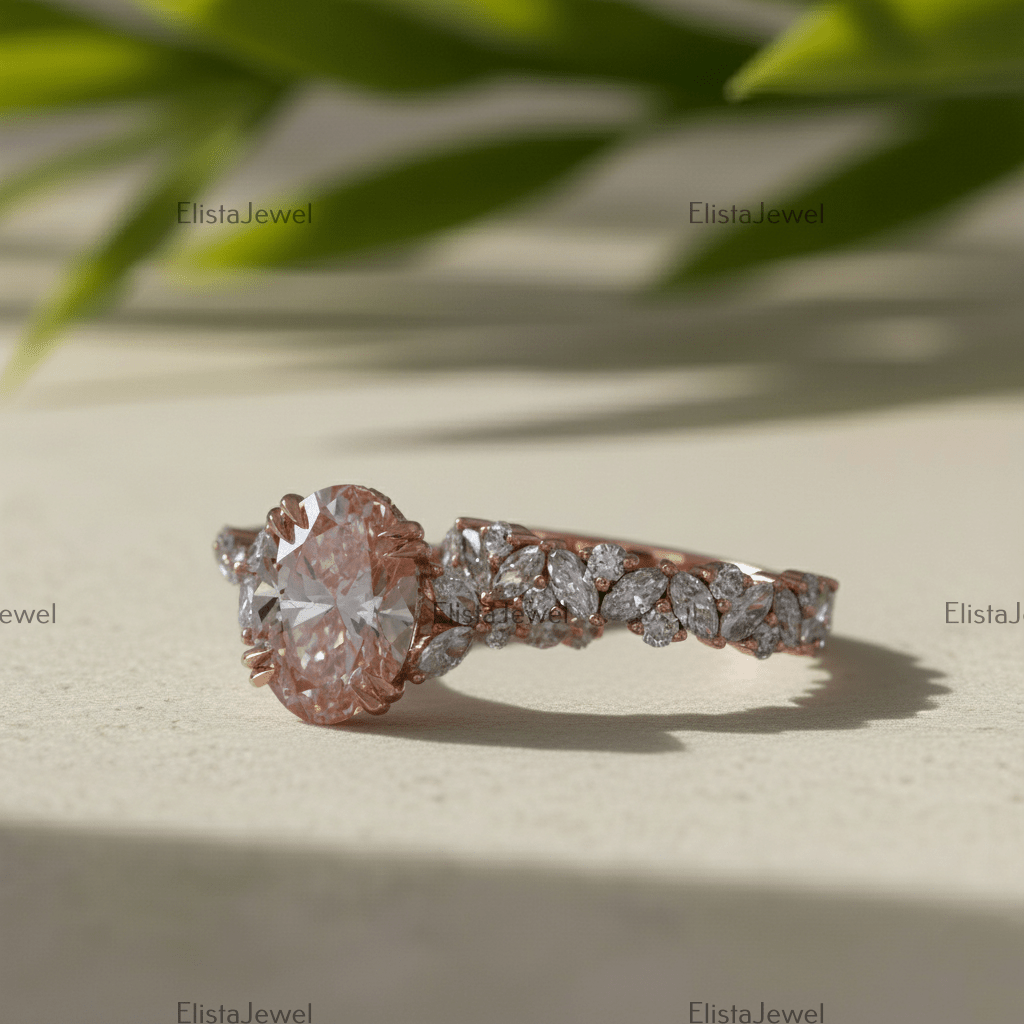 3CT Oval Lab Grown Pink Diamond Engagement Ring With 14K Rose Gold Matching Band - Profile View