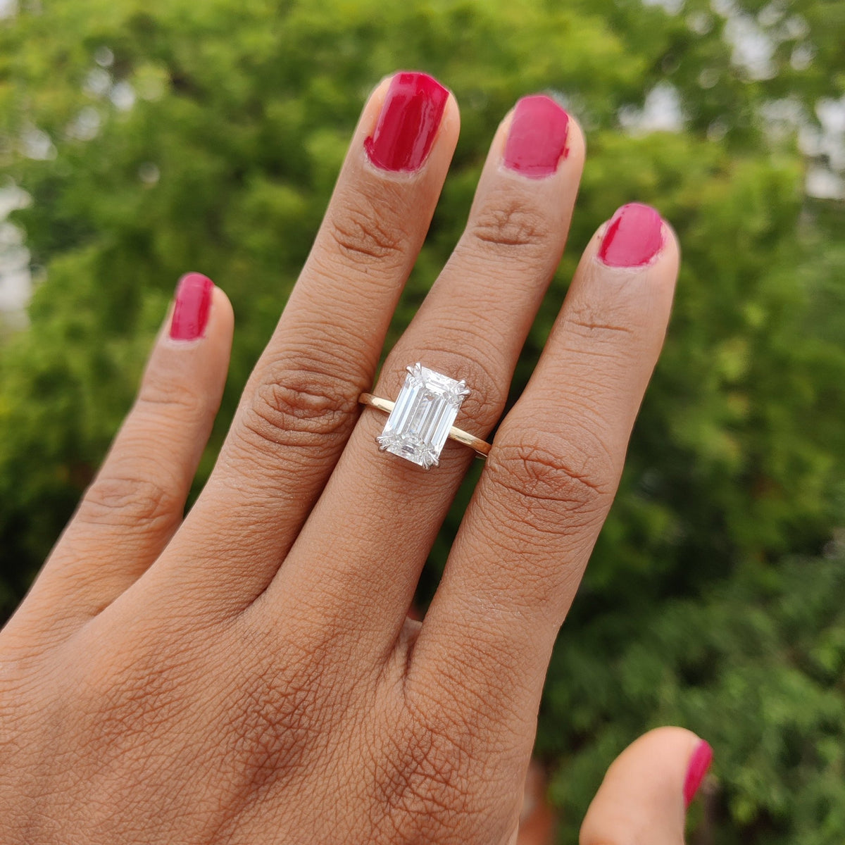 5CT Emerald Cut Lab Grown Diamond 14K Gold Two tone engagement ring - Ring on Hand View