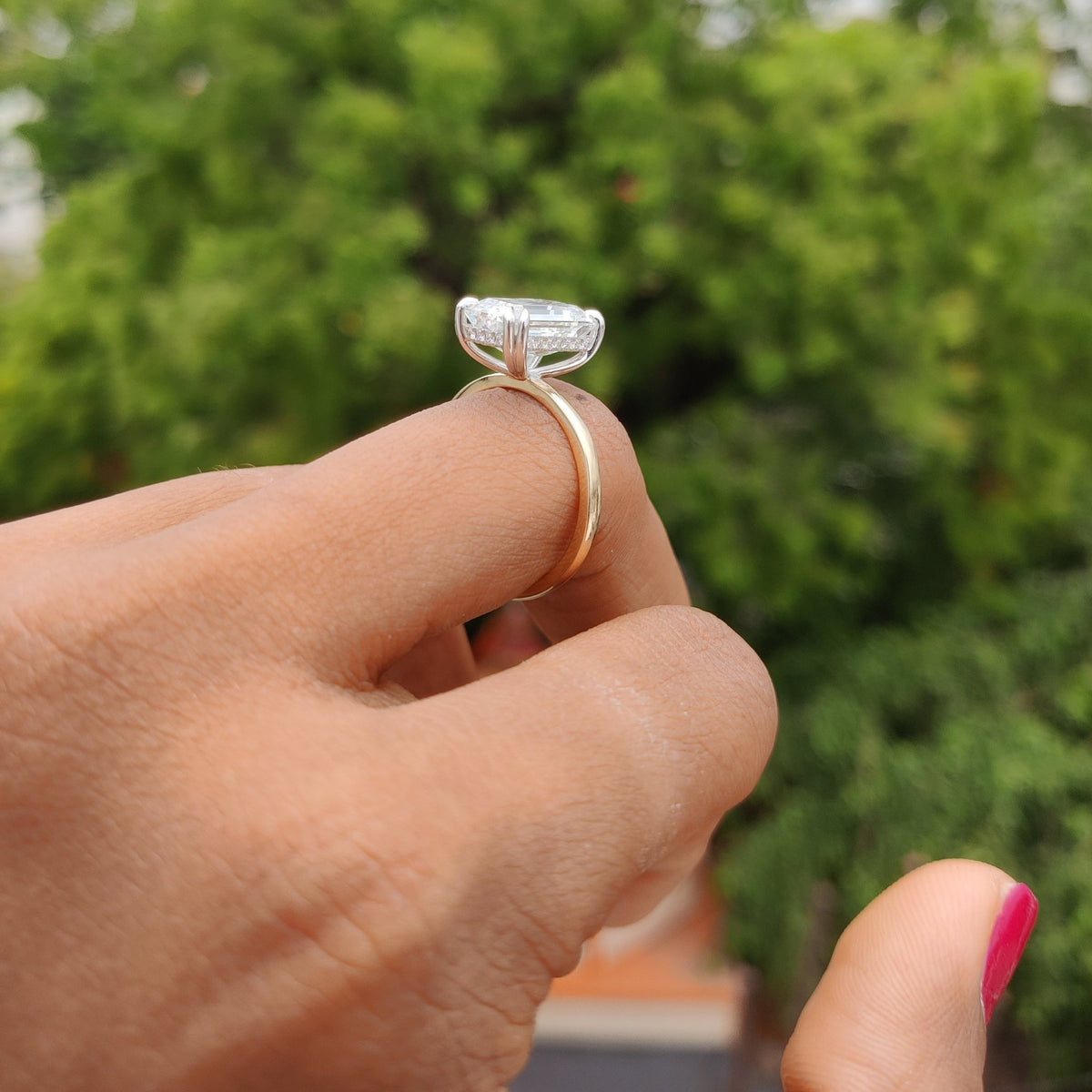 5CT Emerald Cut Lab Grown Diamond 14K Gold Two tone engagement ring - Close-up View