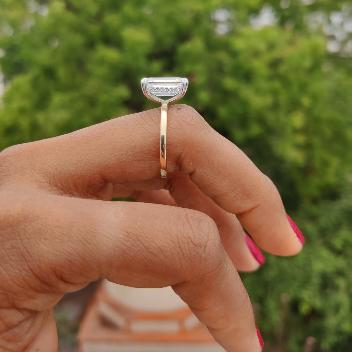 5CT Emerald Cut Lab Grown Diamond 14K Gold Two tone engagement ring - Profile View