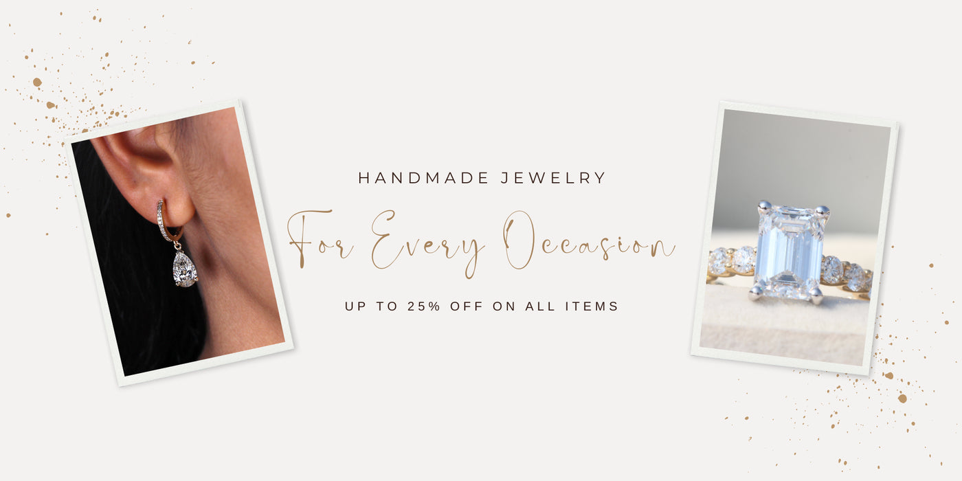 Handmade jewelry with pear diamond earring and emerald cut diamond engagement ring