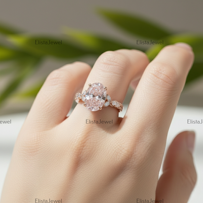 3CT Oval Lab Grown Pink Diamond Engagement Ring With 14K Rose Gold Matching Band