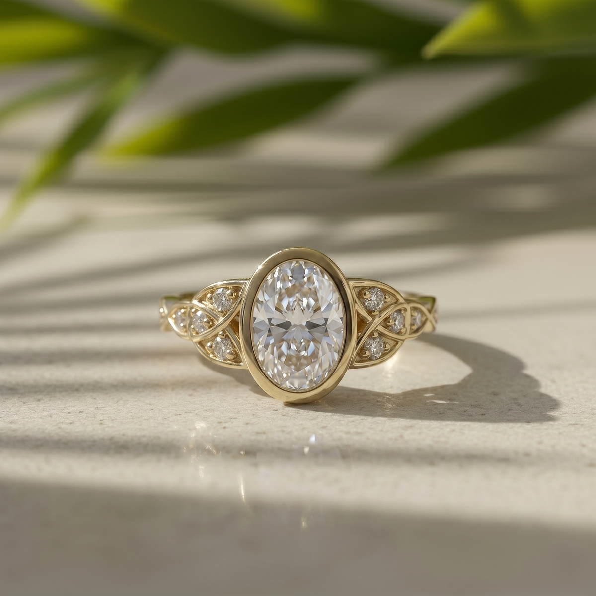 2 Carat Oval Lab Grown F/VVS2 Diamond Bezel Set Engagement Ring, 14K Yellow Gold Vintage Leaf Filigree, IGI Certified Diamond