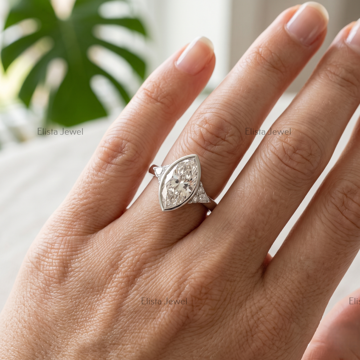 3 Carat F/VVS2 Marquise Lab Diamond Cluster Ring, 950 Platinum Bezel Set Engagement
