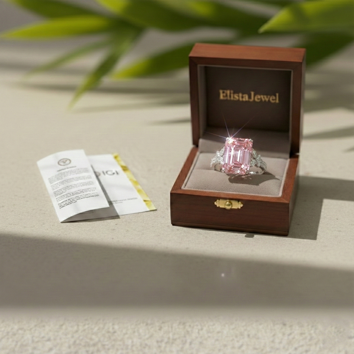 Emerald Cut Ring Pink Lab-Grown Diamond Cocktail 14K White Gold Floral Band