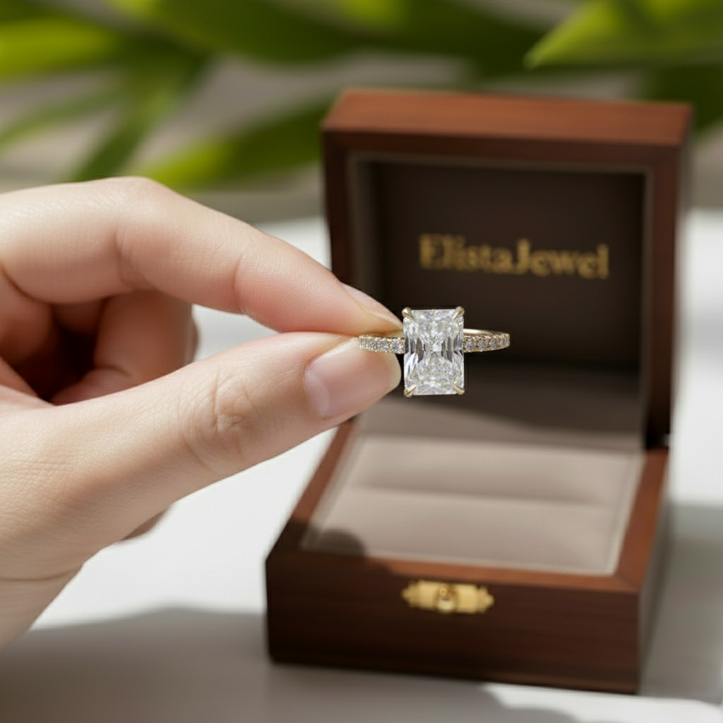 Radiant Cut Lab Grown Diamond Hidden Halo Engagement Ring In 14K Solid Yellow Gold, Certified Diamond Ring For Women