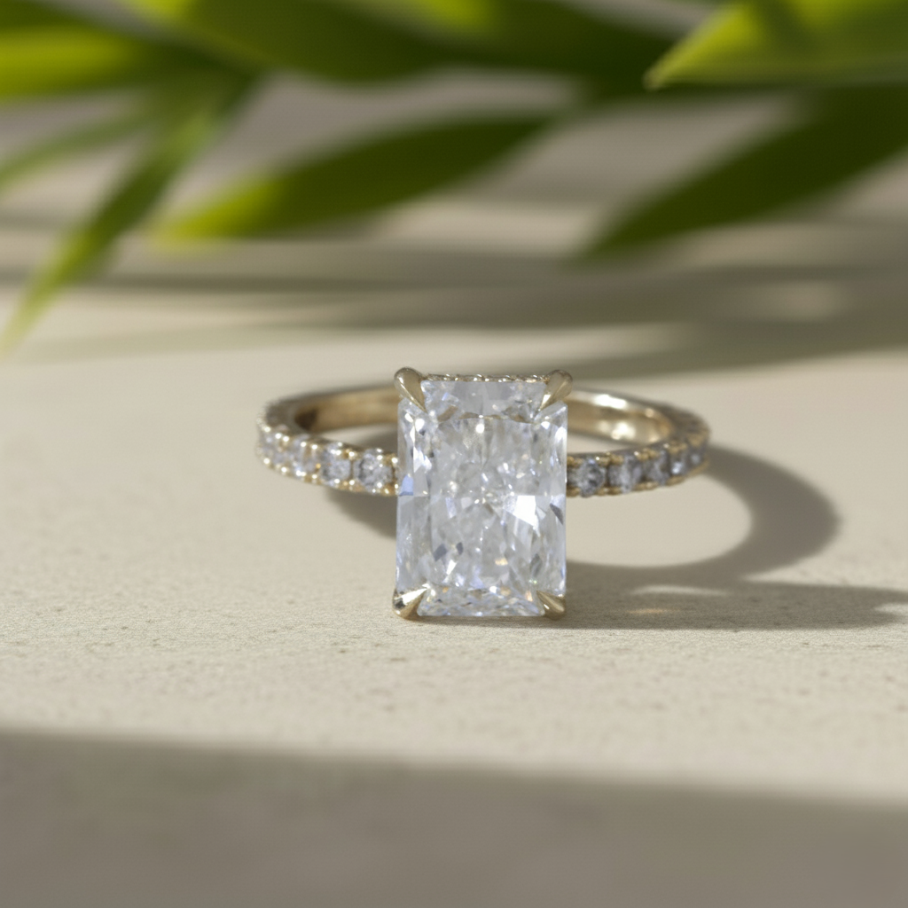 Radiant Cut Lab Grown Diamond Hidden Halo Engagement Ring In 14K Solid Yellow Gold, Certified Diamond Ring For Women