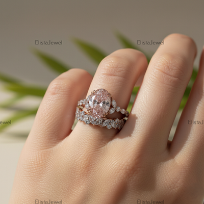 3CT Oval Lab Grown Pink Diamond Engagement Ring With 14K Rose Gold Matching Band