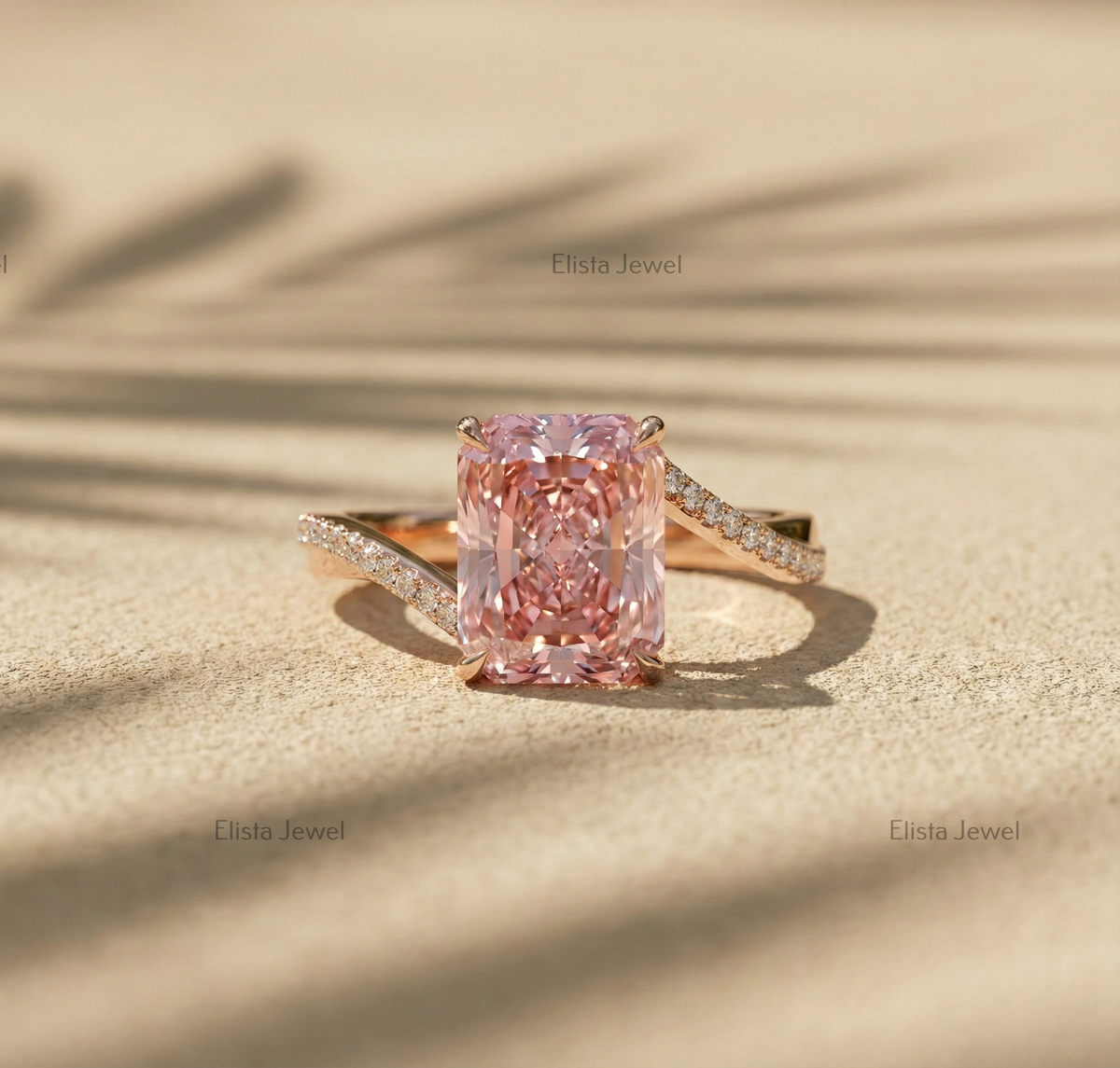 Pink Radiant Lab Diamond Ring, 14K Rose Gold Twisted Band