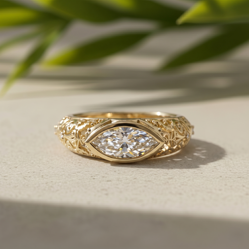 1 Carat Marquise Lab Grown Diamond Bezel Set Vintage Filigree Engagement Ring In 14K Yellow Gold, Hidden Birthstone Ring