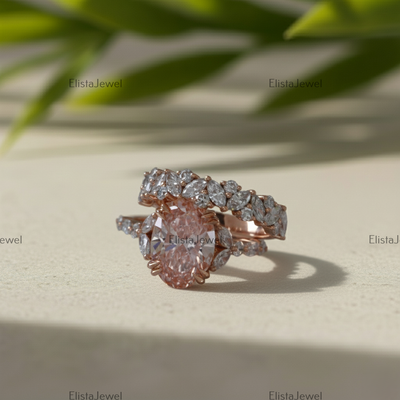 3CT Oval Lab Grown Pink Diamond Engagement Ring With 14K Rose Gold Matching Band