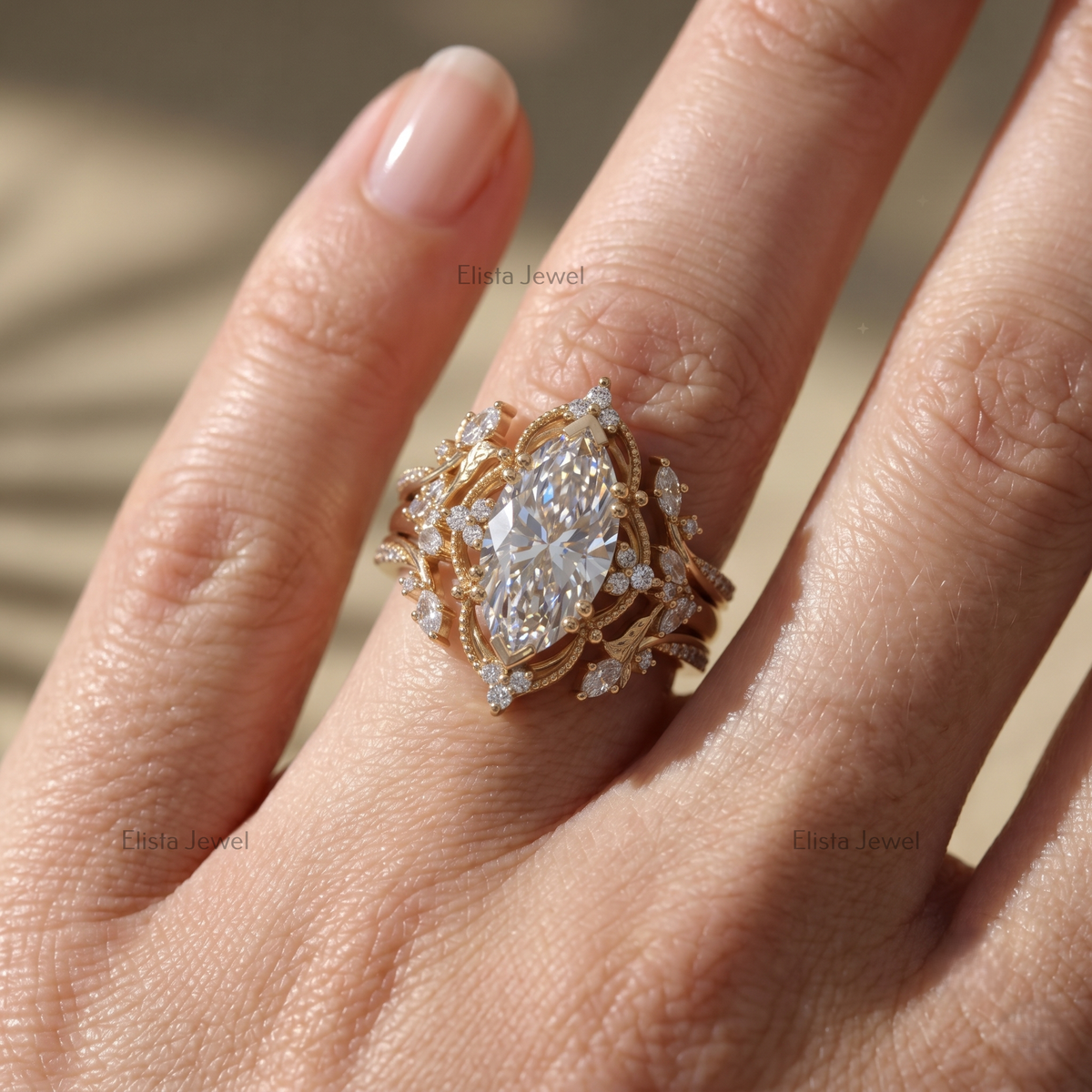 Marquise Lab Grown Diamond Ring Set, Vintage Floral Engagement Ring, Yellow Gold Bridal Set, Unique Wedding Ring for Women