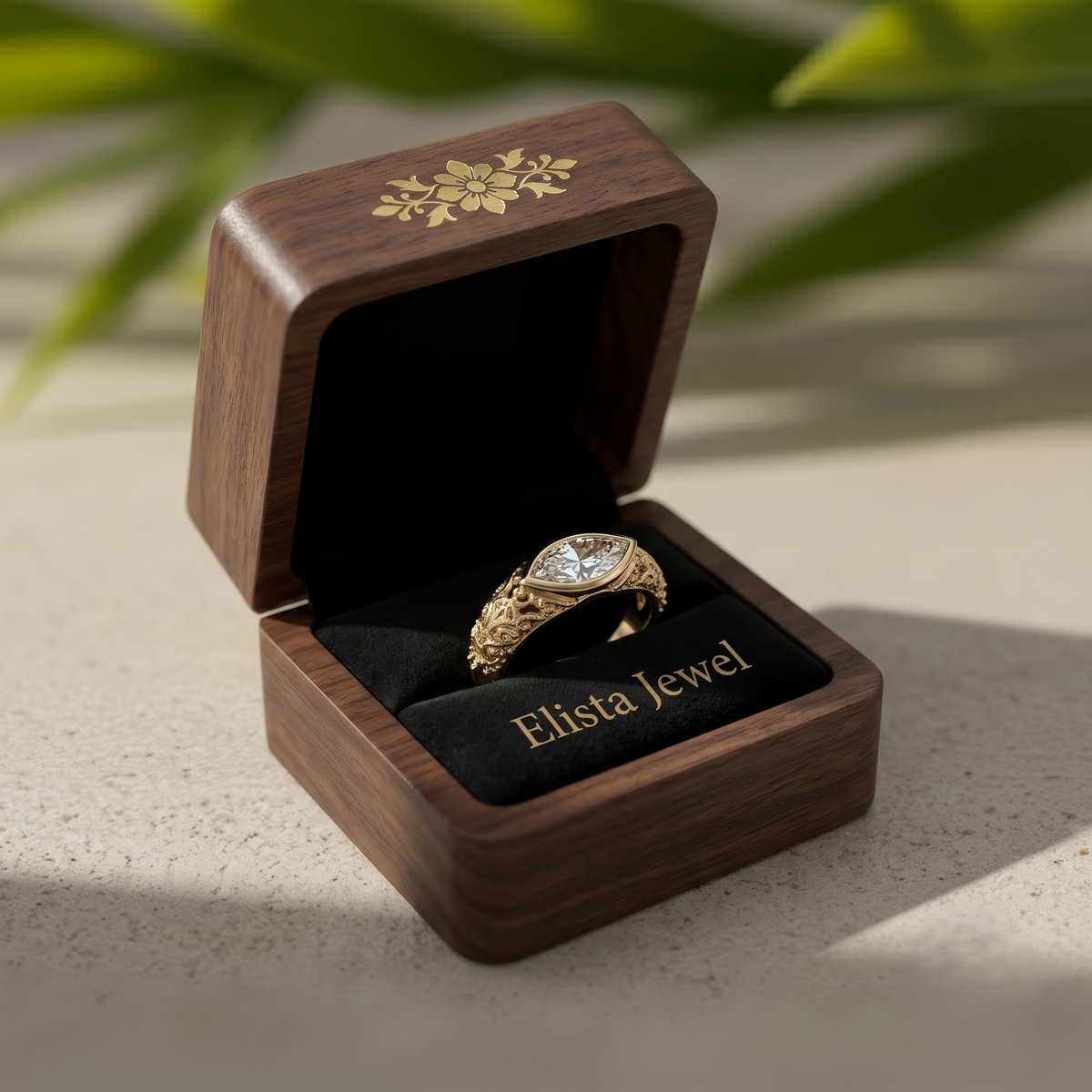 1 Carat Marquise Lab Grown Diamond Bezel Set Vintage Filigree Engagement Ring In 14K Yellow Gold, Hidden Birthstone Ring