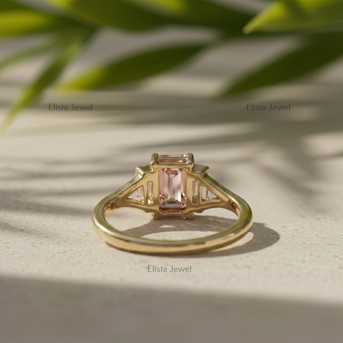 2 Carat Fancy Pink Emerald Lab Grown Diamond Three Stone Engagement Ring, 18K Yellow Gold Split Shank Band