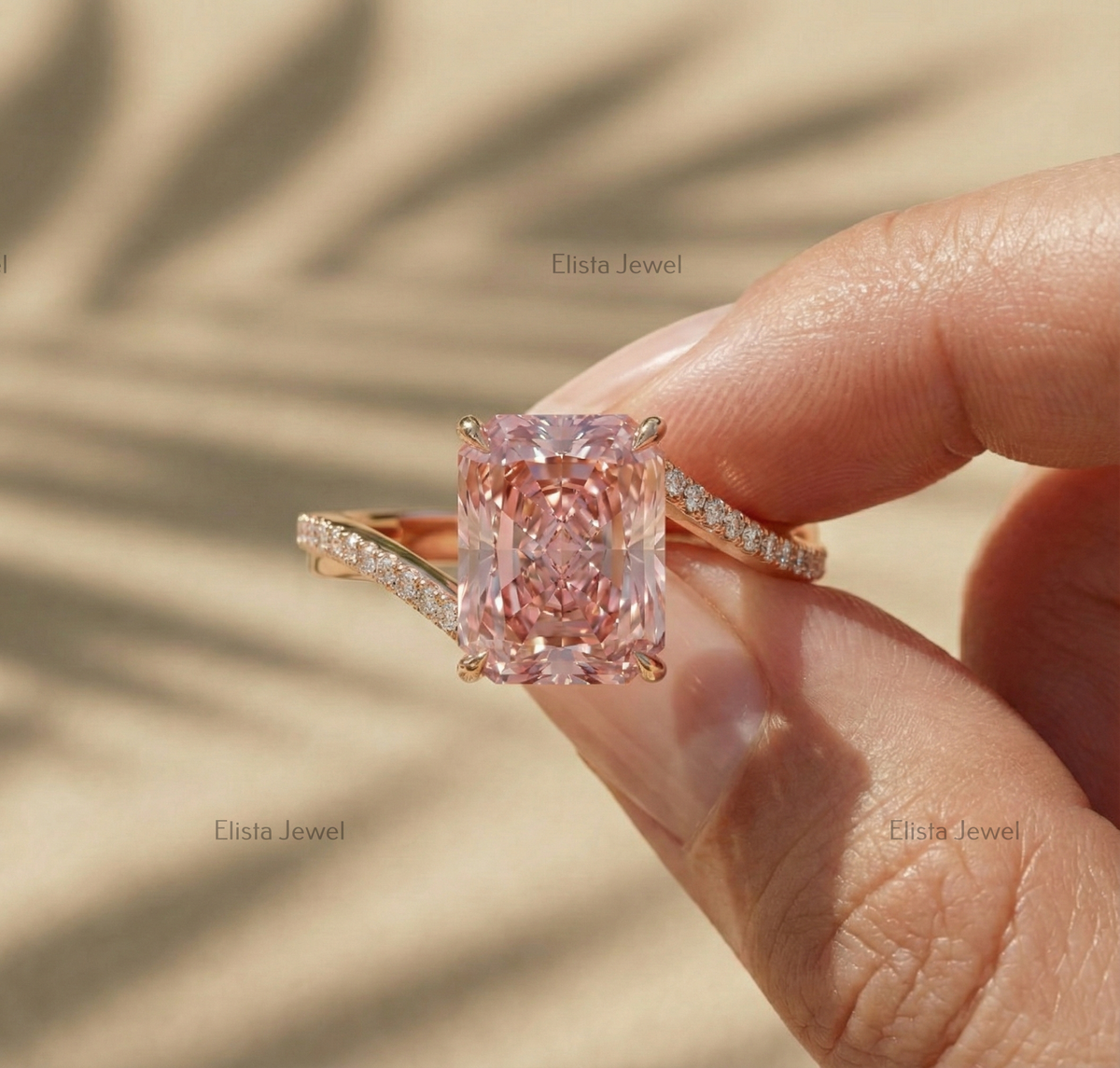 Pink Radiant Lab Diamond Ring, 14K Rose Gold Twisted Band