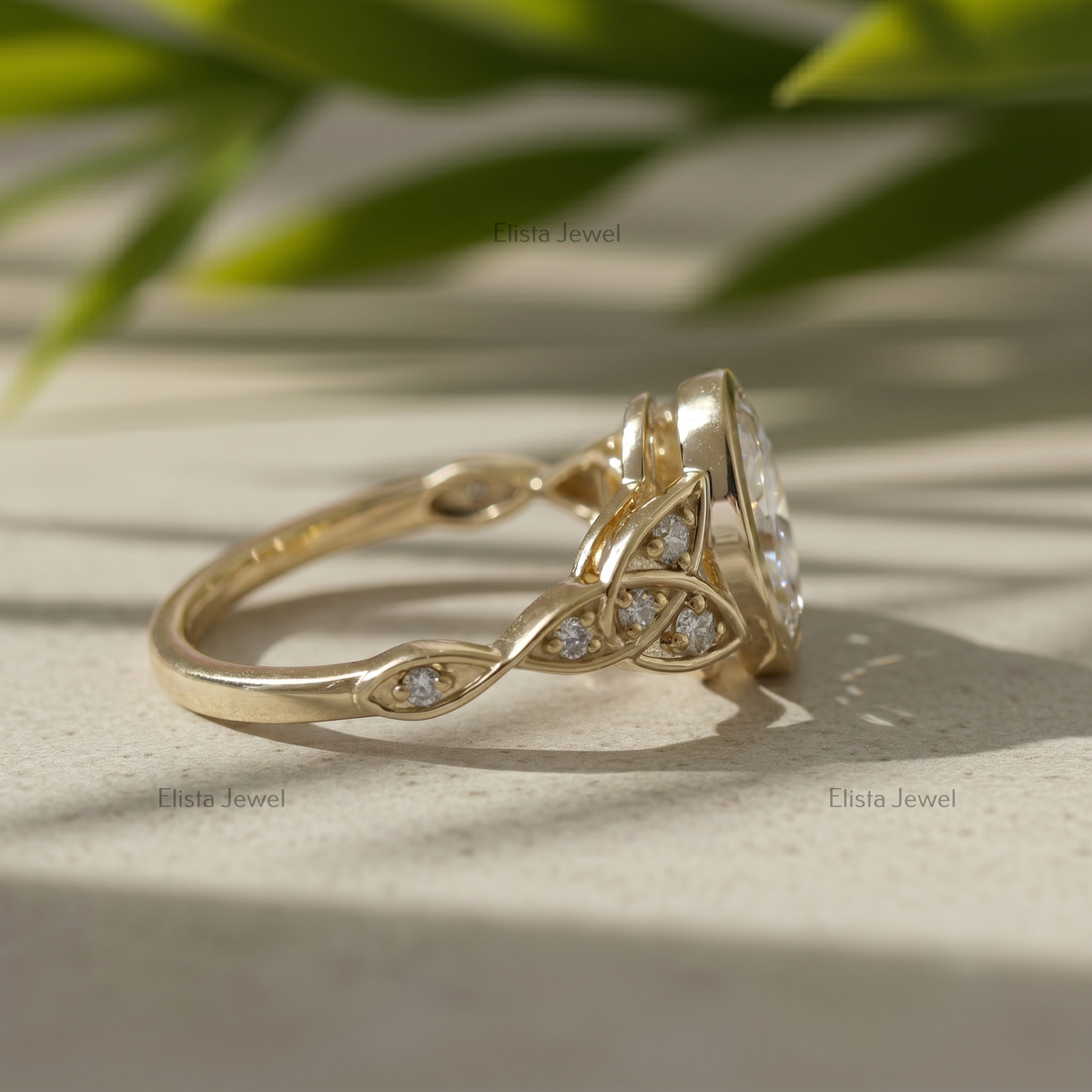 2 Carat Oval Lab Grown F/VVS2 Diamond Bezel Set Engagement Ring, 14K Yellow Gold Vintage Leaf Filigree, IGI Certified Diamond