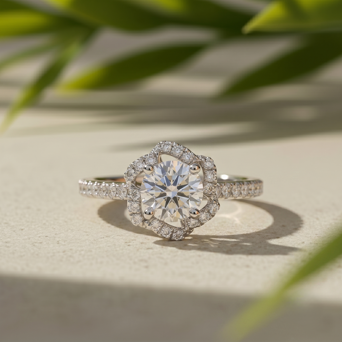 Round Lab Grown Diamond Halo Engagement Ring, Vintage Floral White Gold, IGI Certified