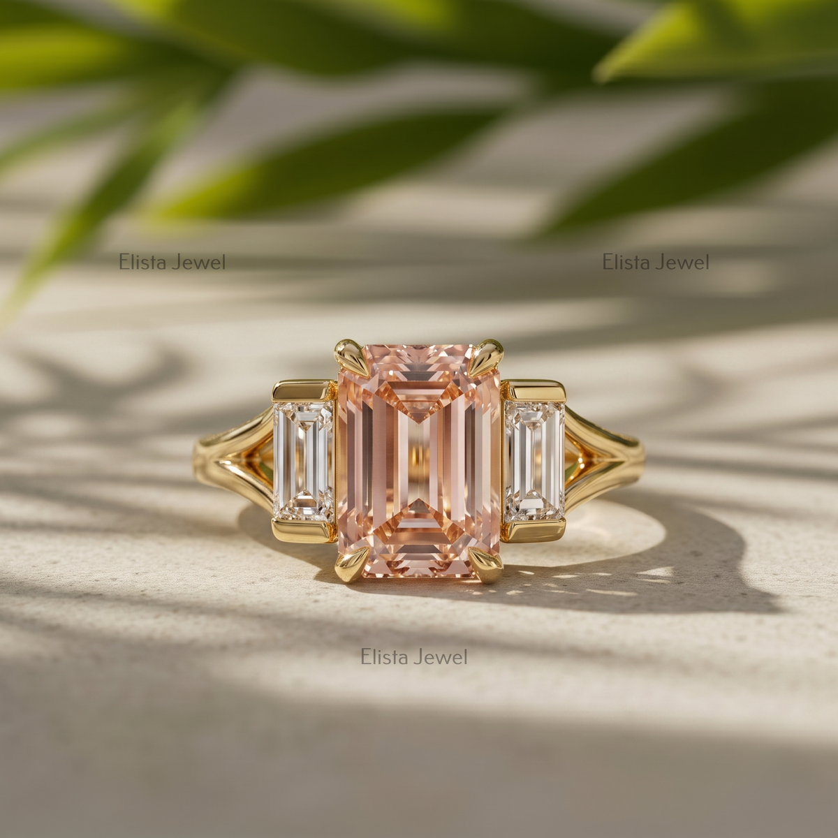 2 Carat Fancy Pink Emerald Lab Grown Diamond Three Stone Engagement Ring, 18K Yellow Gold Split Shank Band