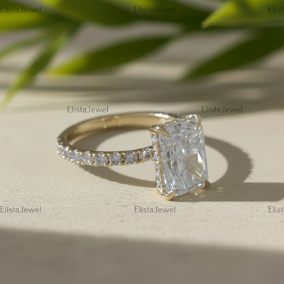 Radiant Cut Lab Grown Diamond Hidden Halo Engagement Ring In 14K Solid Yellow Gold, Certified Diamond Ring For Women