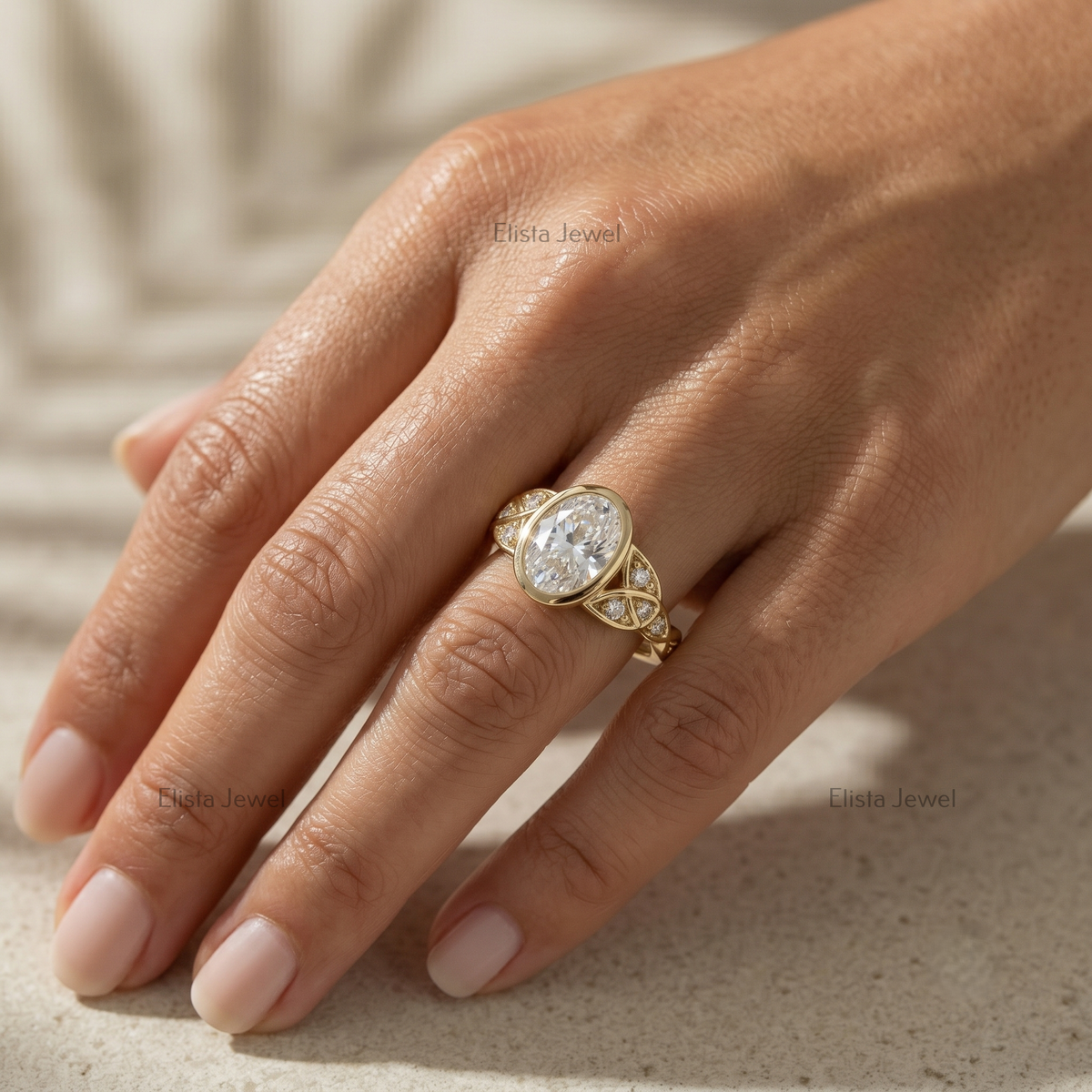 2 Carat Oval Lab Grown F/VVS2 Diamond Bezel Set Engagement Ring, 14K Yellow Gold Vintage Leaf Filigree, IGI Certified Diamond