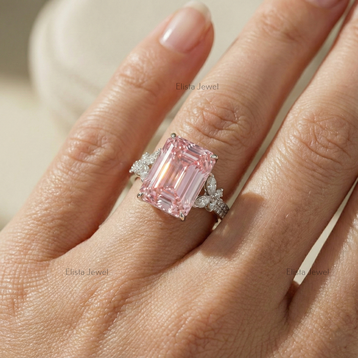 Emerald Cut Ring Pink Lab-Grown Diamond Cocktail 14K White Gold Floral Band