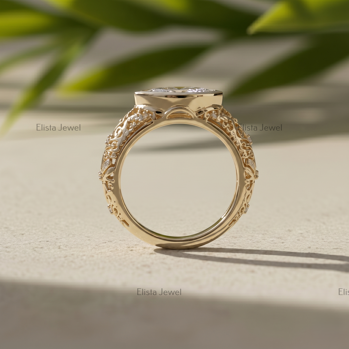 1 Carat Marquise Lab Grown Diamond Bezel Set Vintage Filigree Engagement Ring In 14K Yellow Gold, Hidden Birthstone Ring