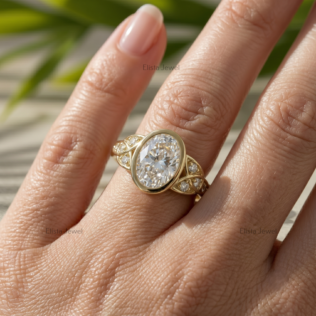 2 Carat Oval Lab Grown F/VVS2 Diamond Bezel Set Engagement Ring, 14K Yellow Gold Vintage Leaf Filigree, IGI Certified Diamond