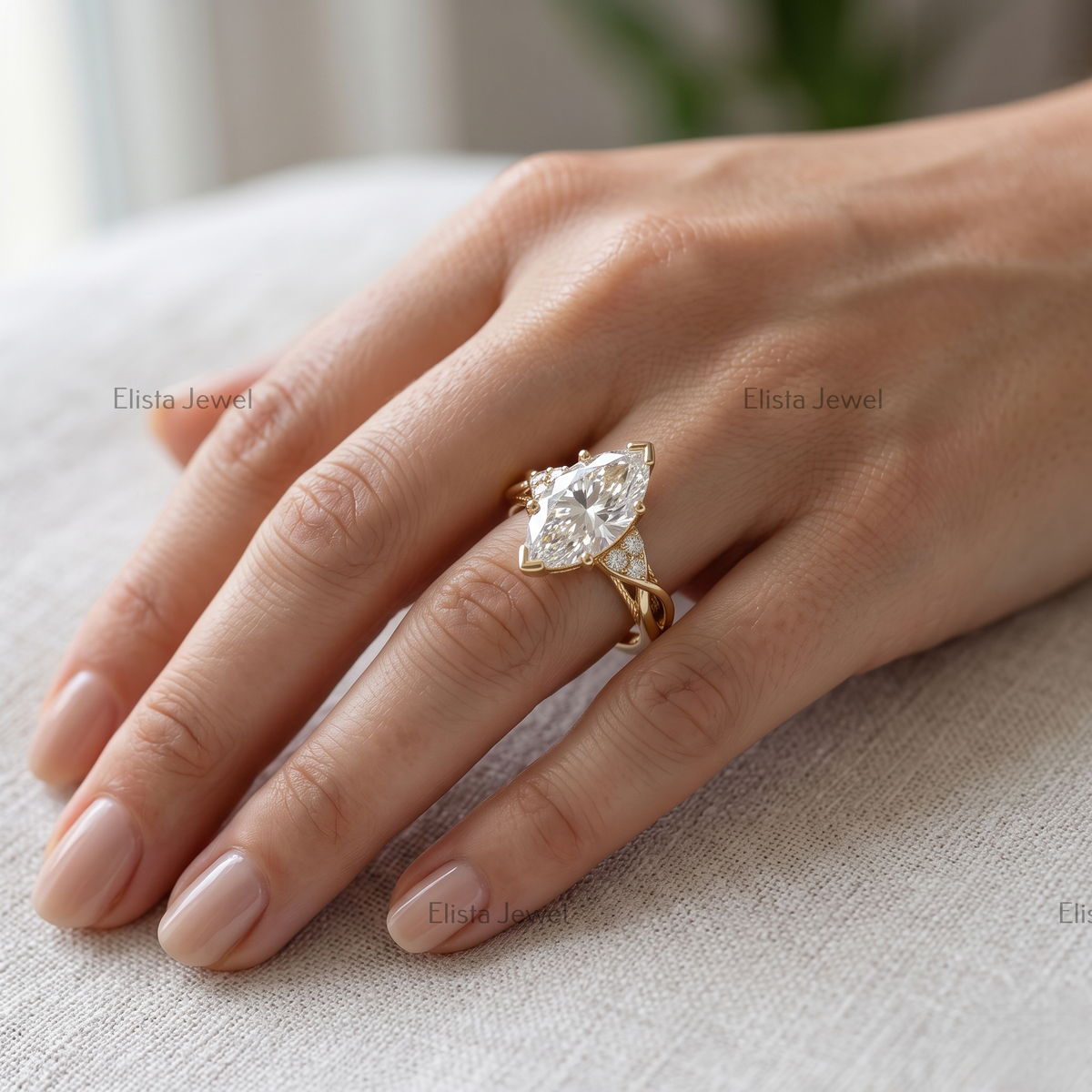2 Carat F/VVS2 Marquise Lab Grown Diamond Cluster Engagement Ring, 14K Yellow Gold Modern Wedding Ring
