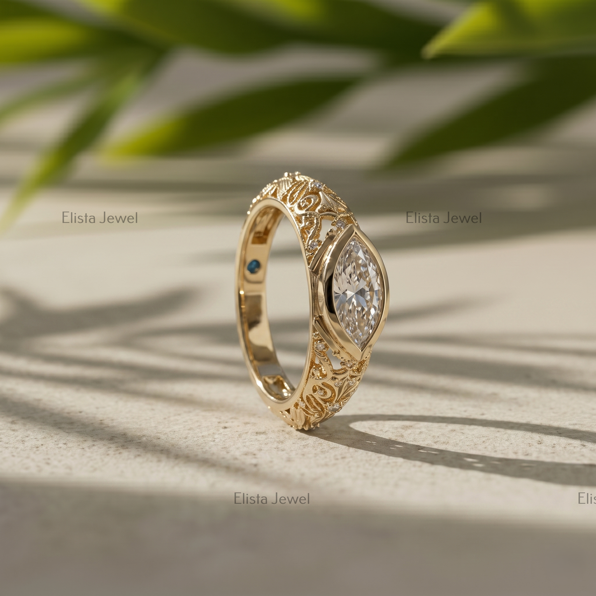1 Carat Marquise Lab Grown Diamond Bezel Set Vintage Filigree Engagement Ring In 14K Yellow Gold, Hidden Birthstone Ring