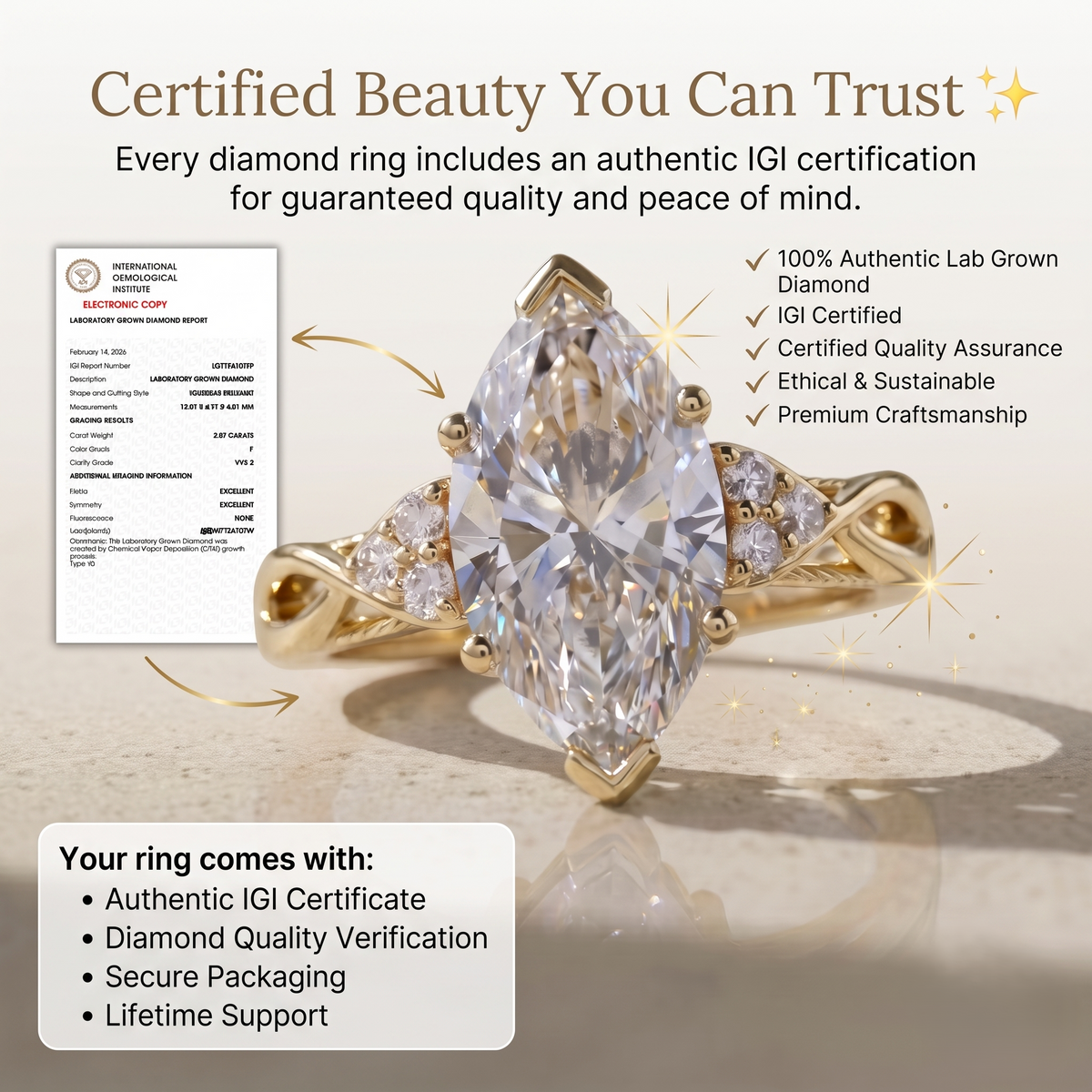 2 Carat F/VVS2 Marquise Lab Grown Diamond Cluster Engagement Ring, 14K Yellow Gold Modern Wedding Ring