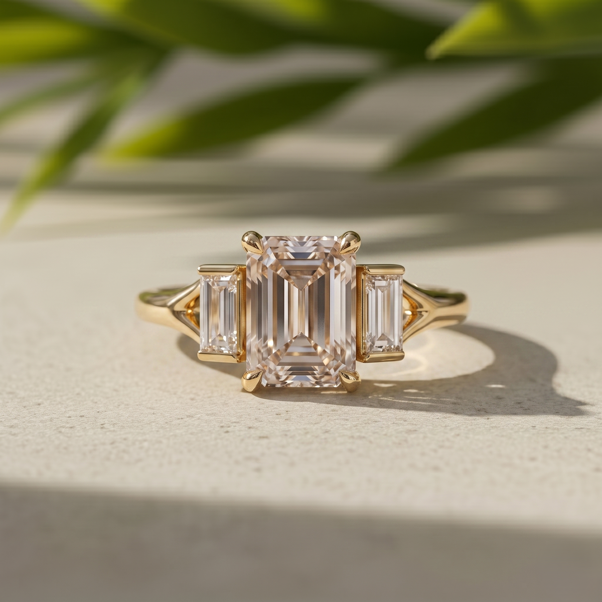 2 Carat Fancy Pink Emerald Lab Grown Diamond Three Stone Engagement Ring, 18K Yellow Gold Split Shank Band