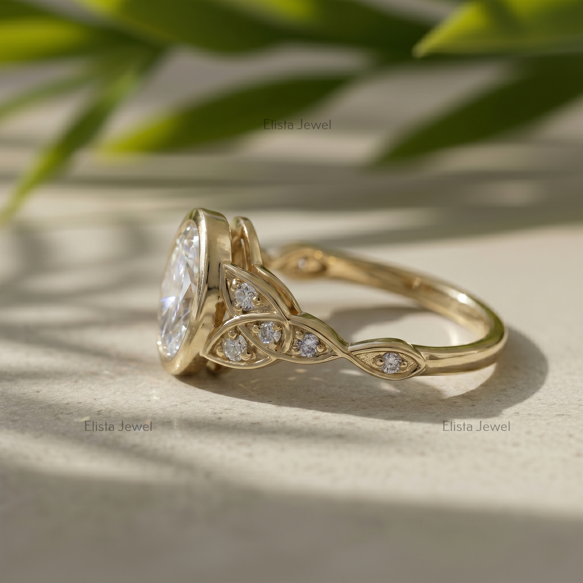 2 Carat Oval Lab Grown F/VVS2 Diamond Bezel Set Engagement Ring, 14K Yellow Gold Vintage Leaf Filigree, IGI Certified Diamond