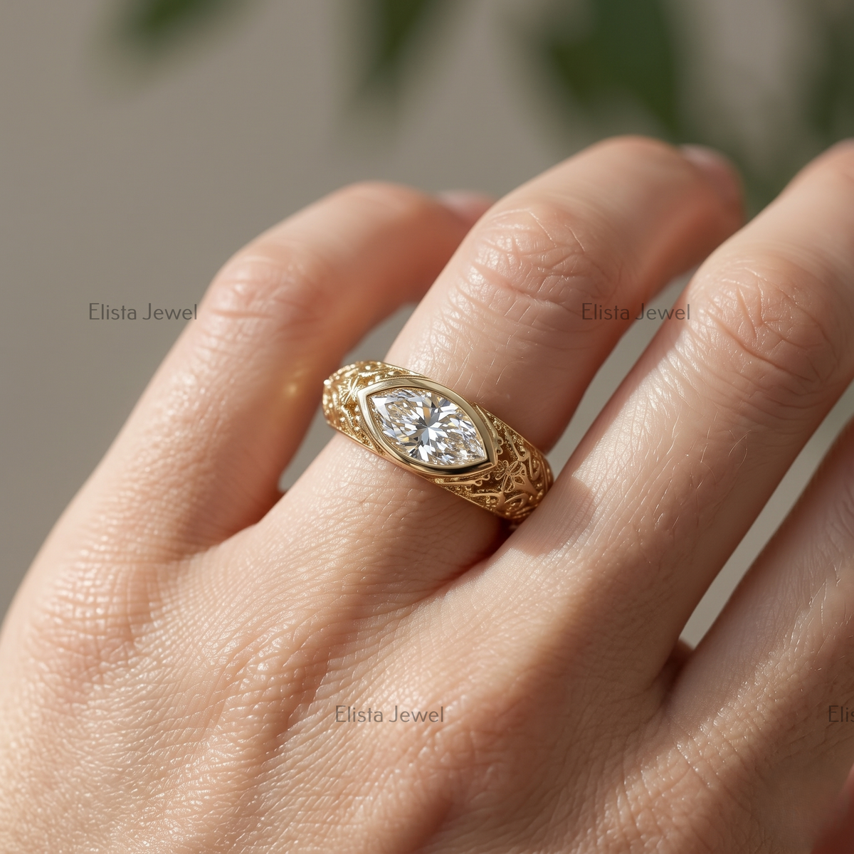 1 Carat Marquise Lab Grown Diamond Bezel Set Vintage Filigree Engagement Ring In 14K Yellow Gold, Hidden Birthstone Ring