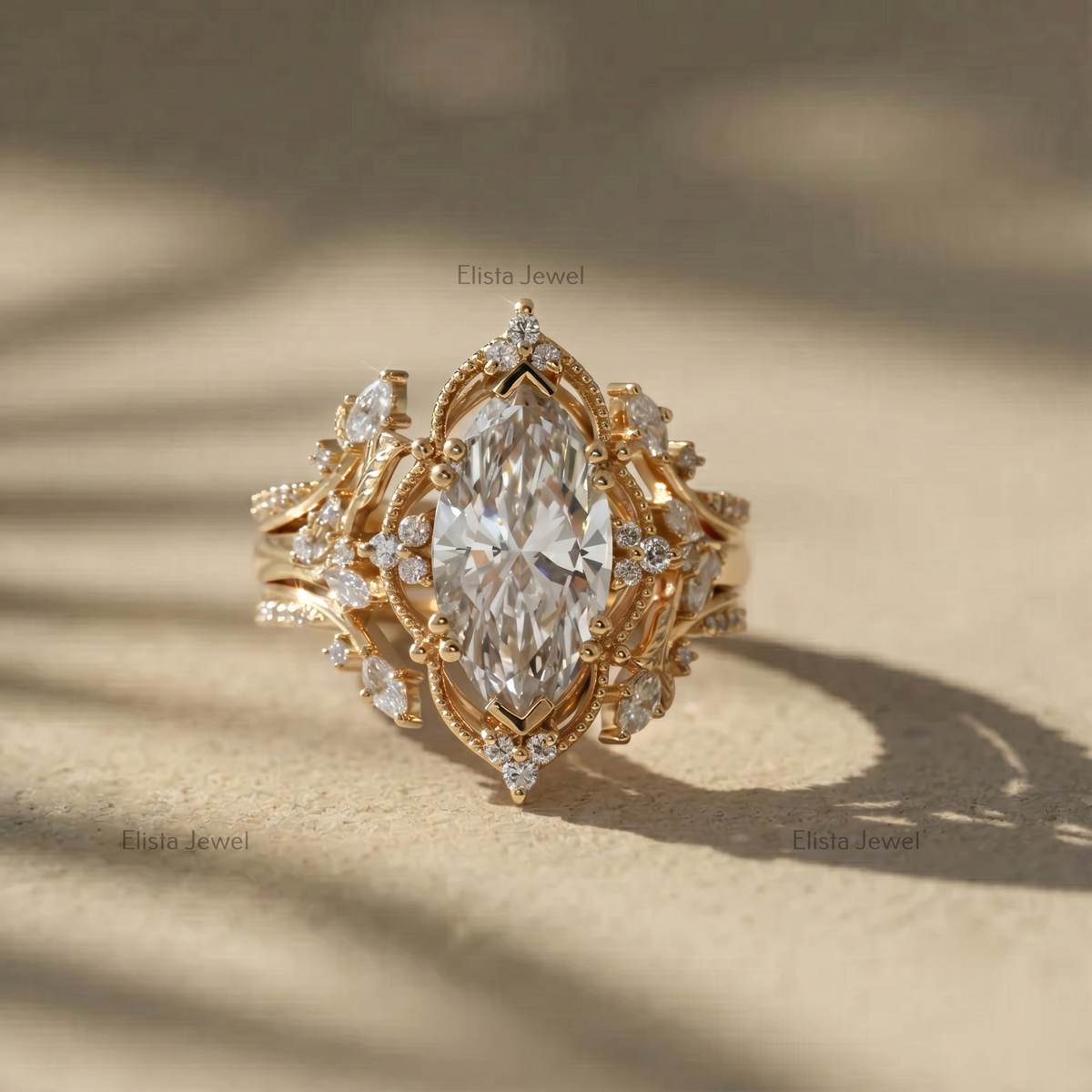 Marquise Lab Grown Diamond Ring Set, Vintage Floral Engagement Ring, Yellow Gold Bridal Set, Unique Wedding Ring for Women