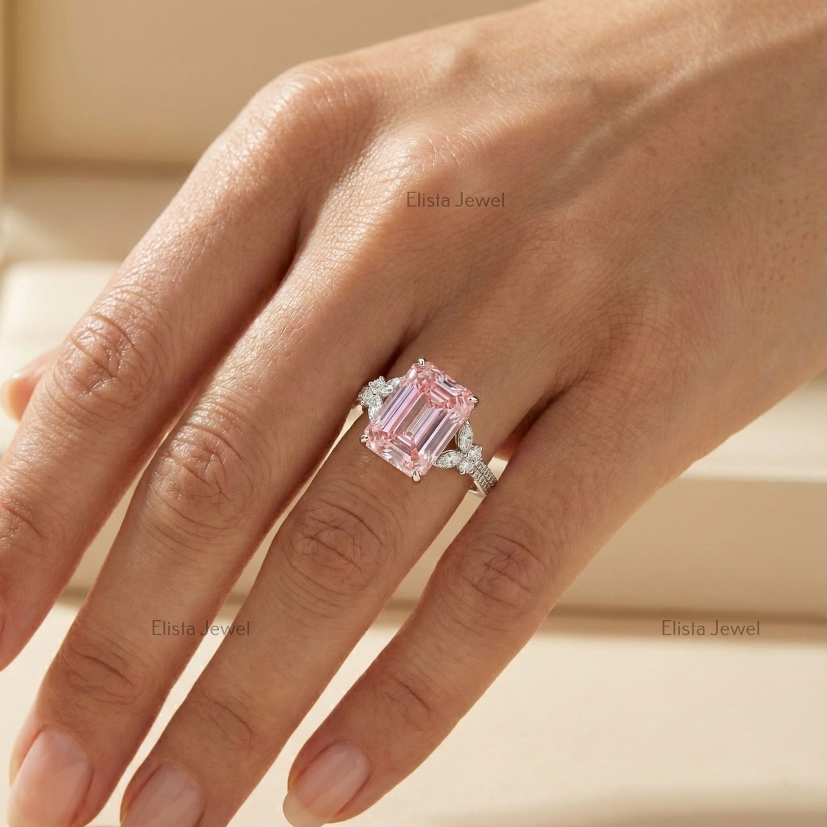 Emerald Cut Ring Pink Lab-Grown Diamond Cocktail 14K White Gold Floral Band
