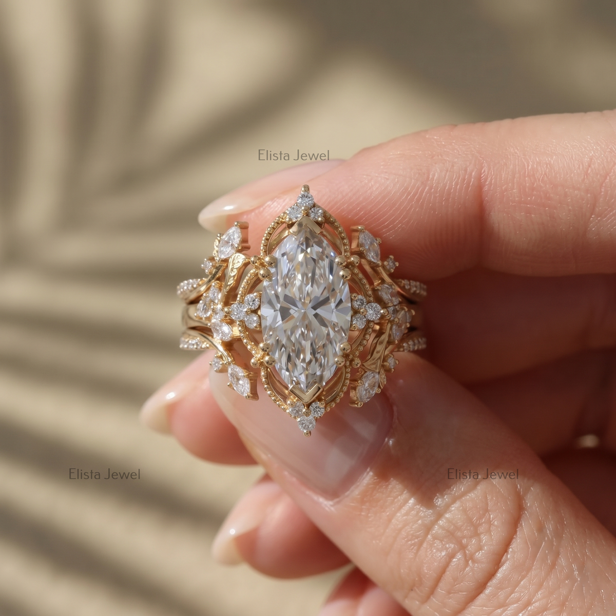 Marquise Lab Grown Diamond Ring Set, Vintage Floral Engagement Ring, Yellow Gold Bridal Set, Unique Wedding Ring for Women