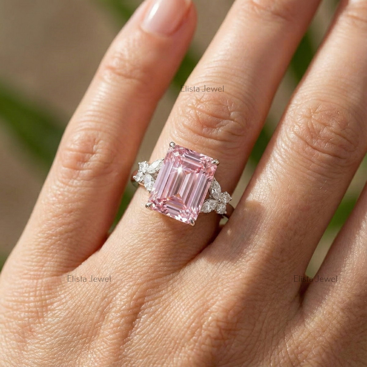 Emerald Cut Ring Pink Lab-Grown Diamond Cocktail 14K White Gold Floral Band