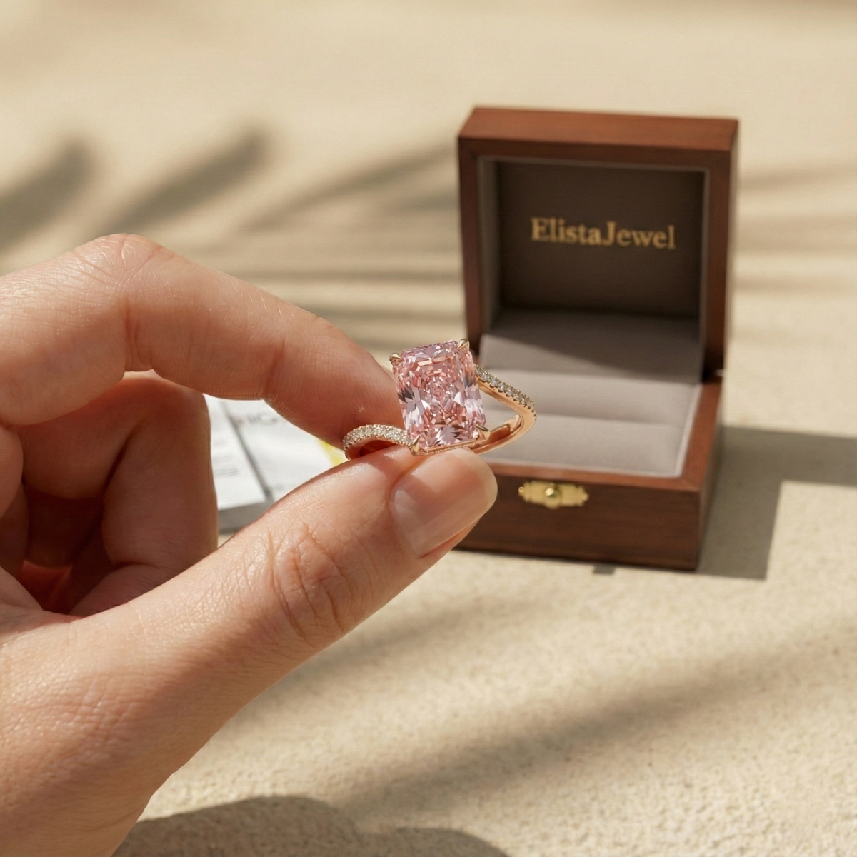 Pink Radiant Lab Diamond Ring, 14K Rose Gold Twisted Band