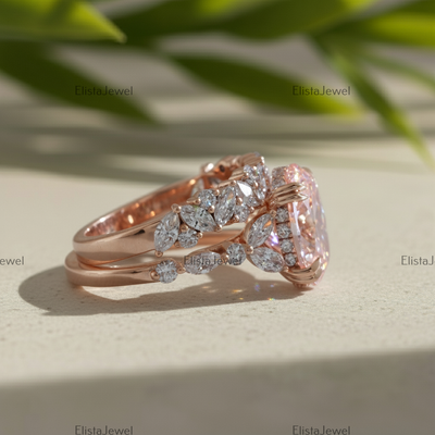3CT Oval Lab Grown Pink Diamond Engagement Ring With 14K Rose Gold Matching Band
