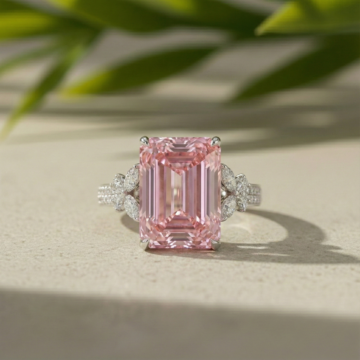 Emerald Cut Ring Pink Lab-Grown Diamond Cocktail 14K White Gold Floral Band